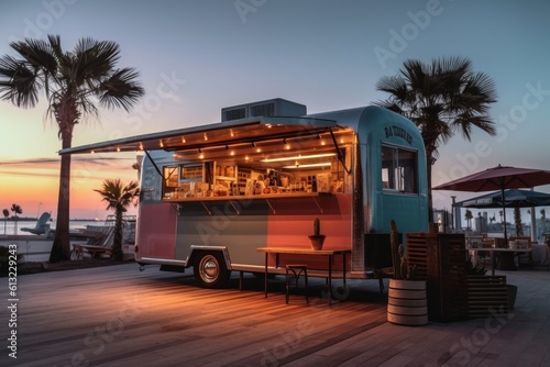 Food truck on a tropical wooden deck surrounded by palm trees. Generative AI