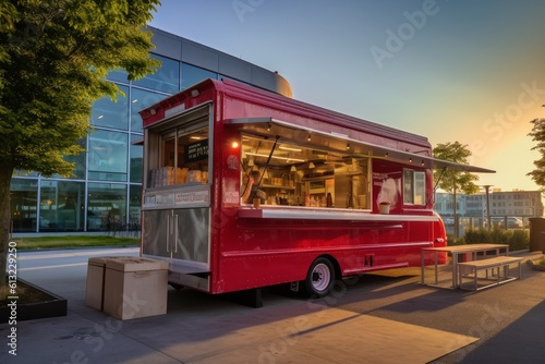 Vibrant red food truck parked in front of a modern building. Generative AI