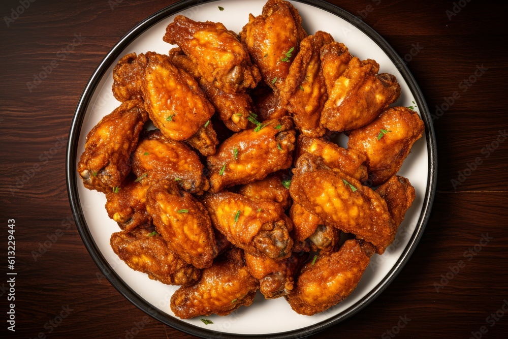 Delicious and crispy chicken wings served on a rustic wooden table. Generative AI Delicious and crispy chicken wings served on a rustic wooden table. Generative AI
