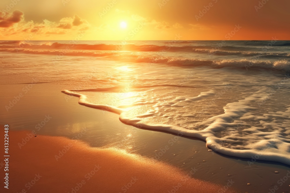 Breathtaking sunset over the serene ocean on a beautiful sandy beach. Generative AI