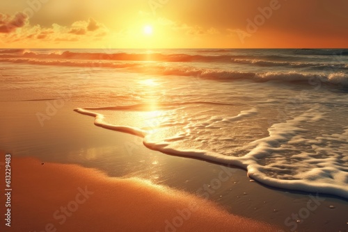 Breathtaking sunset over the serene ocean on a beautiful sandy beach. Generative AI