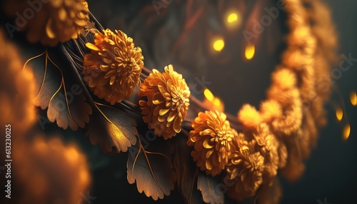 traditional marigold flower garland backdrop for hindu ritual generative ai
