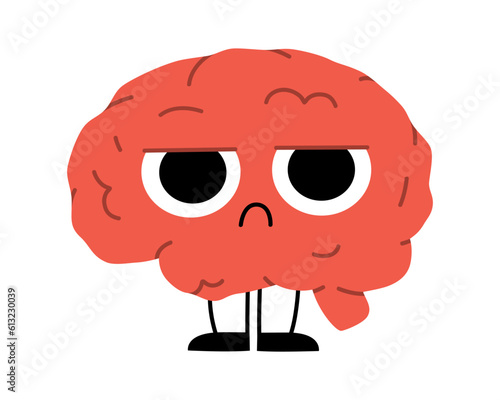 Hand drawn cute illustration human brain with dissatisfied face. Flat vector organ, intellect symbol character in colored doodle style. Mental health, negative thoughts sticker, icon. Isolated.
