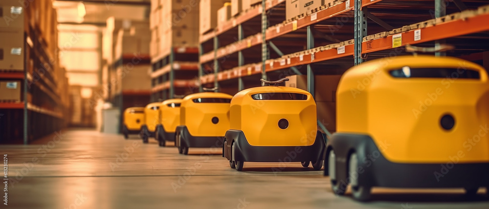 box-mover robots carry box in the warehouse, Generative AI box-mover robots carry box in the warehouse, Generative AI