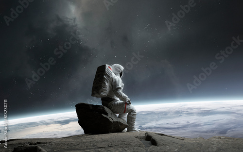 Fototapeta Naklejka Na Ścianę i Meble -  3D illustration of Astronaut sits on the surface of the moon and looks at Earth. 5K realistic science fiction art. Elements of image provided by Nasa