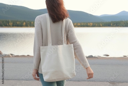 Young woman carrying a blank white cotton tote bag  in a lake side view with mountain and road in front of her. mockup design, Generative AI