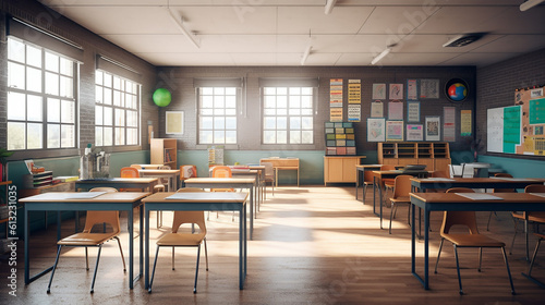 Empty school class in the sunshine. Created with Generative AI technology. © MP Studio