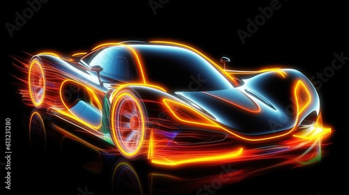 Neon glowing sport car on a night road. Generative AI. Illustration for banner  poster  cover or presentation.