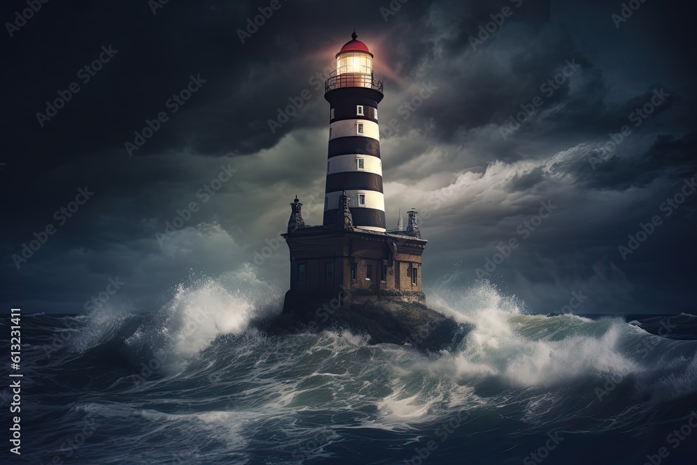 A Beacon of Leadership and Safety in a Stormy British Seascape: Lighthouse on a Rainy, Windy Night. Generative AI