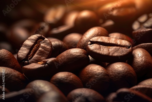 The Perfect Combination of Generative Brown and Burlap: Roasted Coffee Beans, Espresso, and Caffeine on a Dark Blurred Background, Generative AI