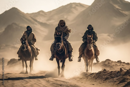 Illustration of riders in the desert. Bedouin or Arabian people. Created with Generative AI technology.