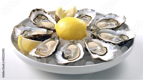 A plate of ice cubes filled with opened fresh oysters.generated with AI. 