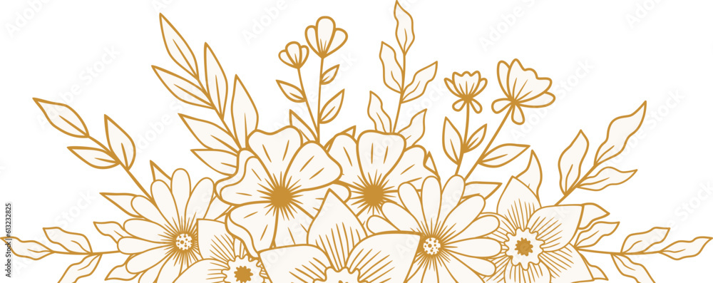 Elegant Gold floral border with hand drawn leaves and flowers for ...