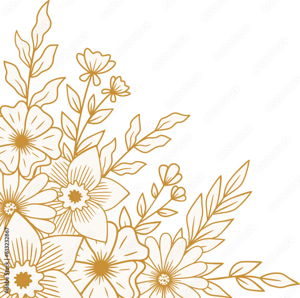 Elegant Gold floral border with hand drawn leaves and flowers for wedding or engagement invitation Elegant Gold floral border with hand drawn leaves and flowers for wedding or engagement invitation