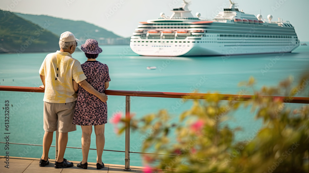 Active Korean seniors taking at vacation with cruise ship on background. Summer vacation Generative AI - obrazy, fototapety, plakaty 