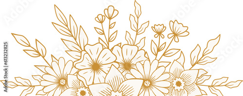 Elegant Gold floral border with hand drawn leaves and flowers for wedding or engagement invitation