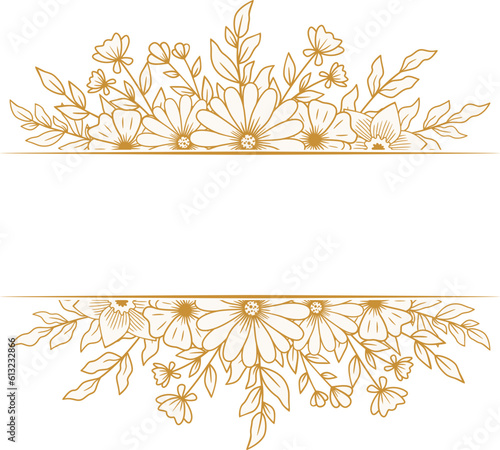 Elegant Gold floral border with hand drawn leaves and flowers for wedding or engagement invitation