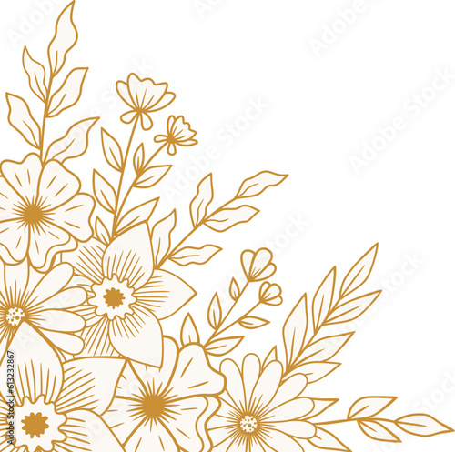 Elegant Gold floral border with hand drawn leaves and flowers for wedding or engagement invitation