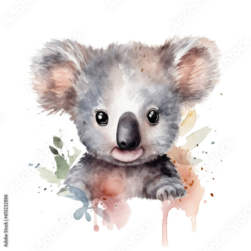 portrait little cute koala bear baby in watercolor isolated against transparent background