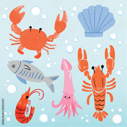 Marine Sea Animals Seafood Hand Drawn Illustration  © Lineprint