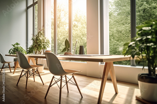  an office with wood desks and glass walls  in the style of high detailed  grey academia  wood  photo-realistic landscapes  vintage minimalism  light silver and light brown generativ ai