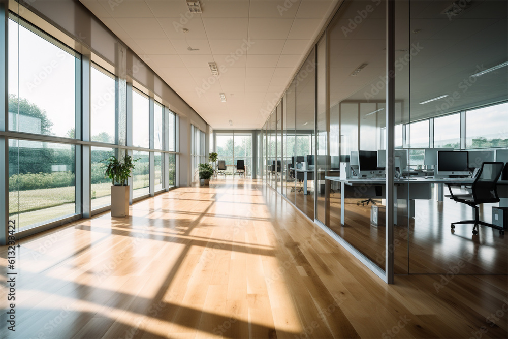  an office with wood desks and glass walls, in the style of high detailed, grey academia, wood, photo-realistic landscapes, vintage minimalism, light silver and light brown generativ ai