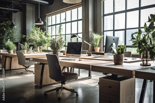 an office with wood desks and glass walls, in the style of high detailed, grey academia, wood, photo-realistic landscapes, vintage minimalism, light silver and light brown generativ ai