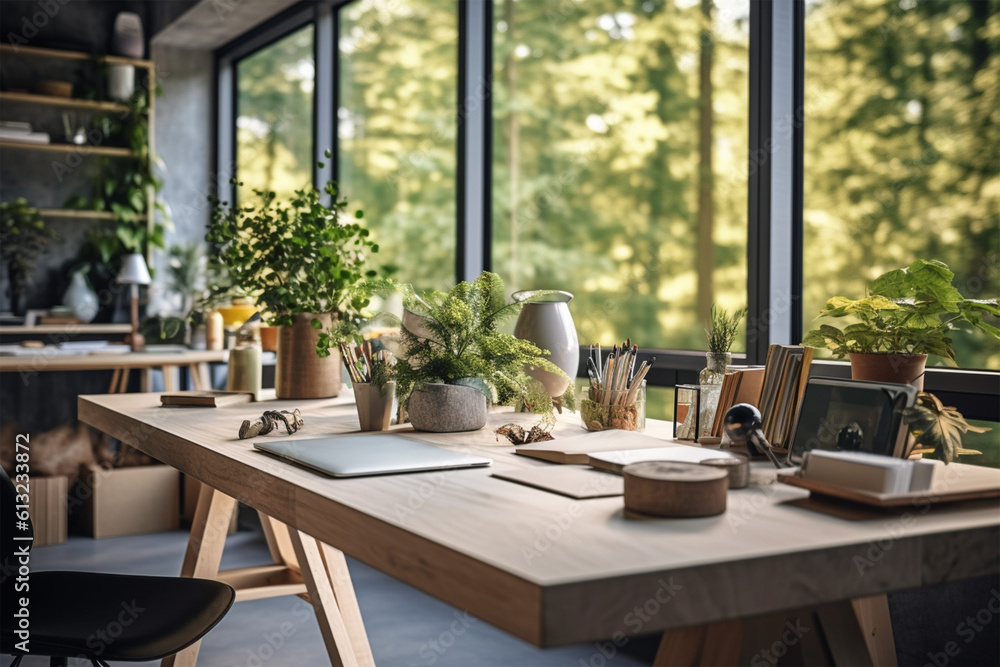 an office with wood desks and glass walls, in the style of high detailed, grey academia, wood, photo-realistic landscapes, vintage minimalism, light silver and light brown generativ ai