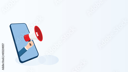 Illustration of hand holding megaphone speaker in smartphone screen for announce. and social media promotion