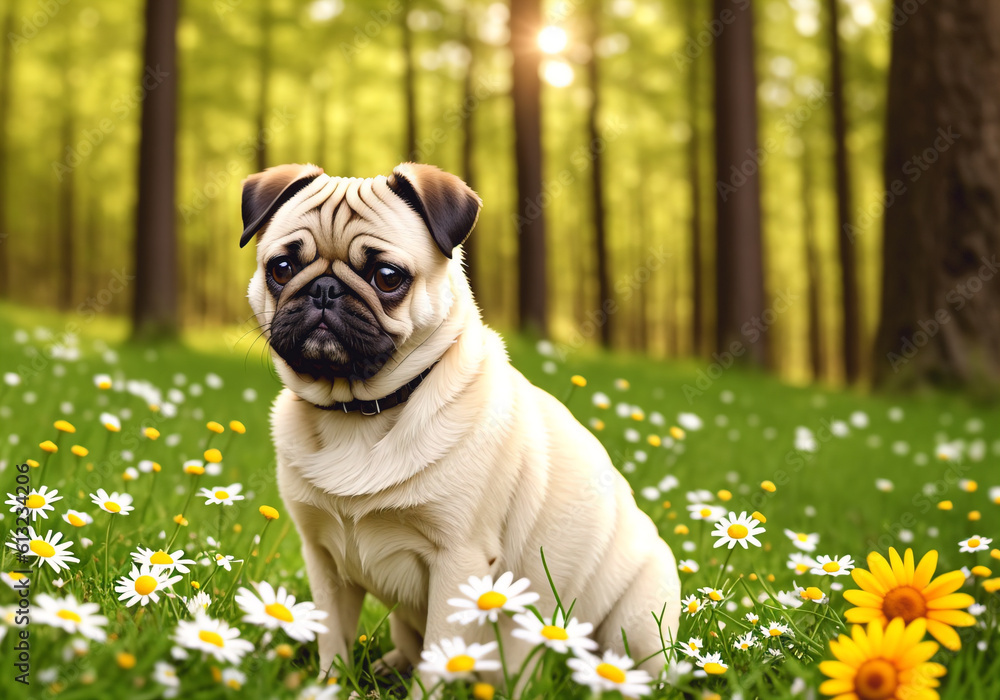 Cute pug in the spring forest with daisies. Generative AI