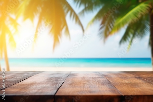 Sunny tropical sand beach on island in summer with empty wooden table (Generative AI)