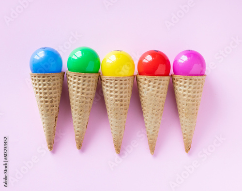 Different colored ice cream cones