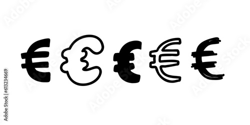 Sketched currency money finance sign icons Euro collection. Vector illustration in hand drawn cartoon doodle style isolated on white background. For decorating, typography, logo.