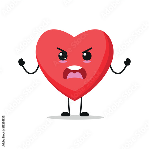 Cute angry heart character. Funny furious heart with hand cartoon emoticon in flat style.