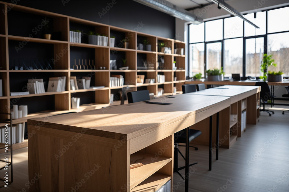 an office with wood desks and glass walls, in the style of high detailed, grey academia, wood, photo-realistic landscapes, vintage minimalism, light silver and light brown generativ ai