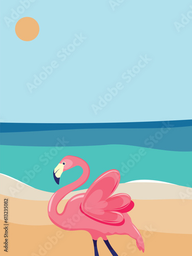Pink flamingo on summer beach. Vector illustration of summer sea, sky, sand, flamingo. Banner background. © Sun_Rise
