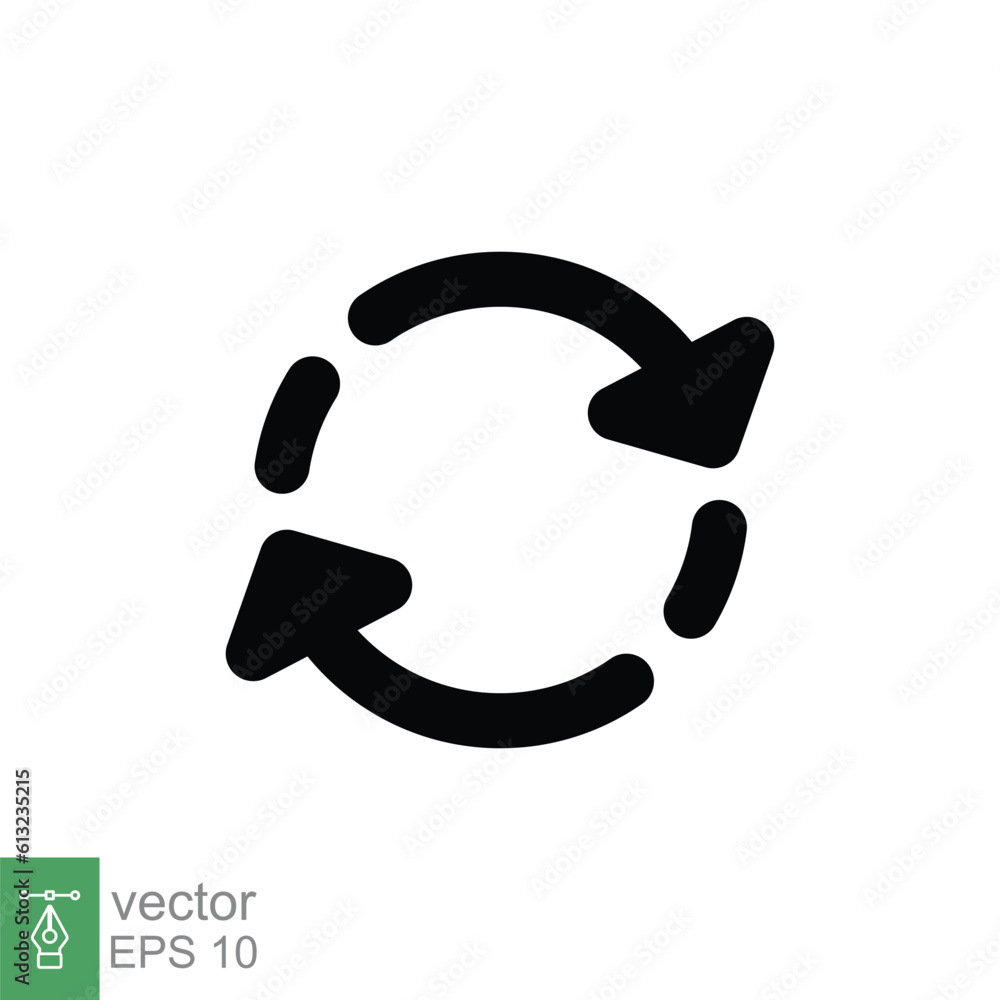 Reload, refresh icon. Simple solid style. Repeat, renew, rotate arrow, cyclic rotation, exchange concept. Black silhouette, glyph symbol. Vector illustration isolated on white background. EPS 10. Reload, refresh icon. Simple solid style. Repeat, renew, rotate arrow, cyclic rotation, exchange concept. Black silhouette, glyph symbol. Vector illustration isolated on white background. EPS 10.