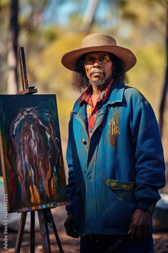 Proud aboriginal man artist street painter. Generative AI