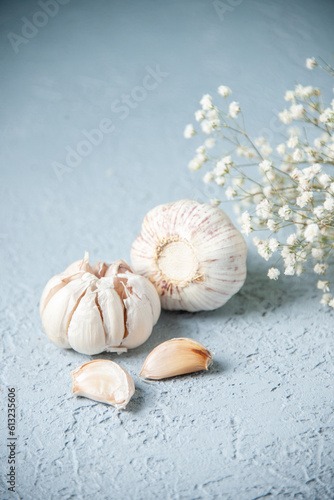 front view fresh garlics on a white background food plant pepper sour seasoning vegetable