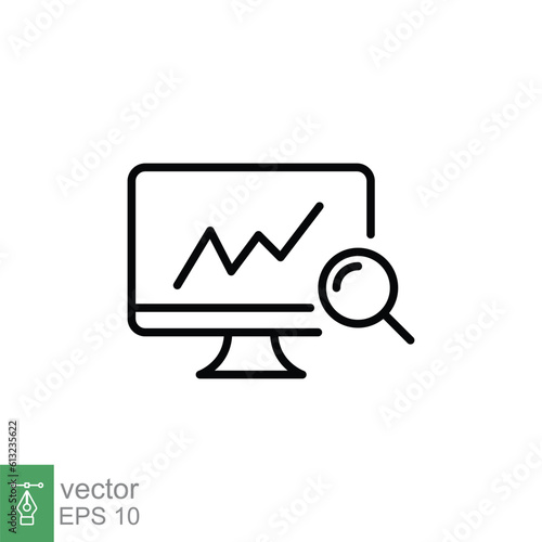 Data analytics icon. Simple outline style. Computer monitor screen with graph and magnifying glass, research concept. Thin line symbol. Vector illustration isolated on white background. EPS 10.