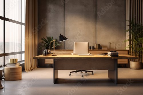 Wallpaper Mural an office with wood desks and glass walls, in the style of high detailed, grey academia, wood, photo-realistic landscapes, vintage minimalism, light silver and light brown generativ ai Torontodigital.ca