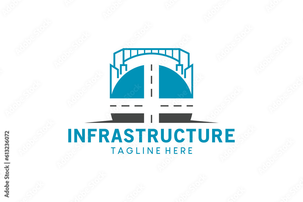 Infrastructure logo design with crossroads and modern buildings