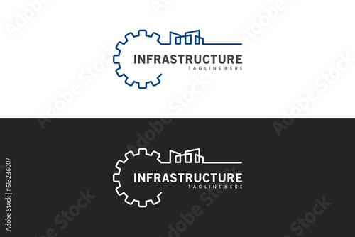 Infrastructure logo design template with creative gear and building vector illustration