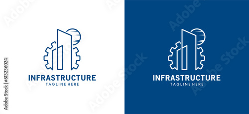Infrastructure logo design with gear vector illustration and minimalist building