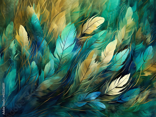 A mesmerizing abstract background showcasing gradient patterns resembling feathers, creating a visually captivating and artistic composition. Generative AI.