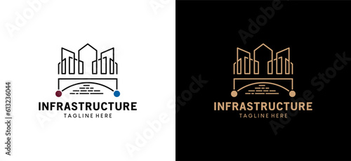 Infrastructure logo design with modern bridge and building vector illustration