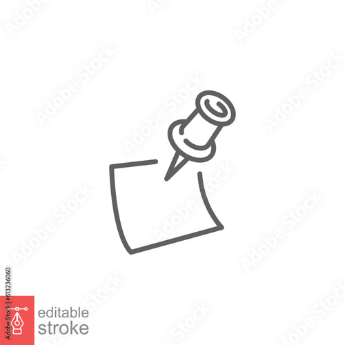 Note paper with pushbutton icon. Simple outline style. Remember, notice, reminder sticker pinned concept. Thin line symbol. Vector illustration isolated on white background. Editable stroke EPS 10.