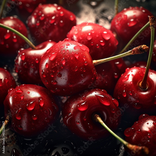 
Cherry fruits are collected on the table. Close up view to reveal water droplets on the surface of the fruit.
 photo