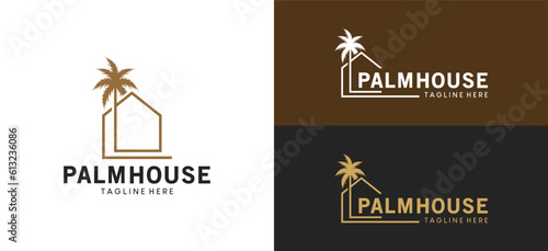 Minimalist palm tree house logo design with creative line style
