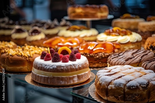 Freshly Baked Treats: Look Inside a Baker's Paradise of Different Types of Delicious Cakes in a Retail Pastry Shop Display, Generative AI
